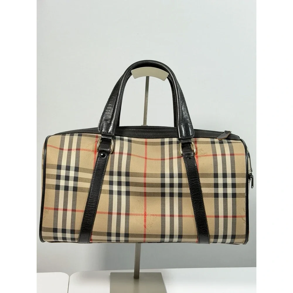 Burberrys Boston Bag Nova Check Shadow Horse Horse Logo beige Canvas 0049